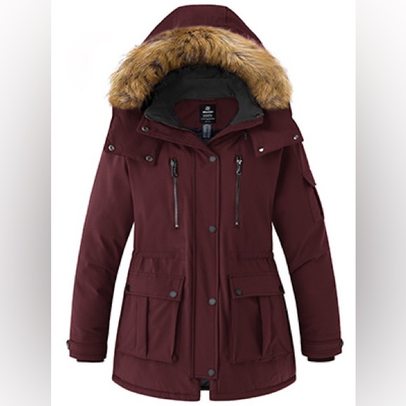 Women's Maroon Ski Jacket with Faux Fur Hood - Picture 1 of 4